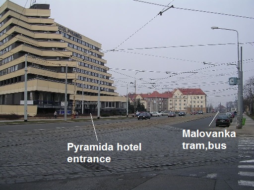 Pyramida hotel and tram stops