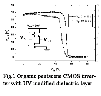 Textové pole:  
Fig.1 Organic pentacene CMOS inver-ter with UV modified dielectric layer
