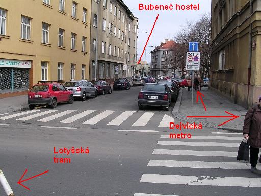 View throuhg Lotysska street from tram stop to Bubenec hostel