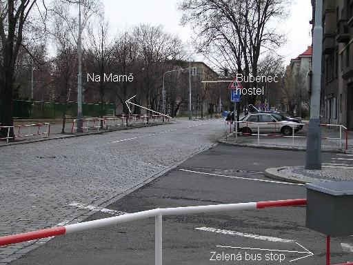 Crossing of Terronska and Zelena Street - directions to bus stop, Bubenec hostel and Academy residence