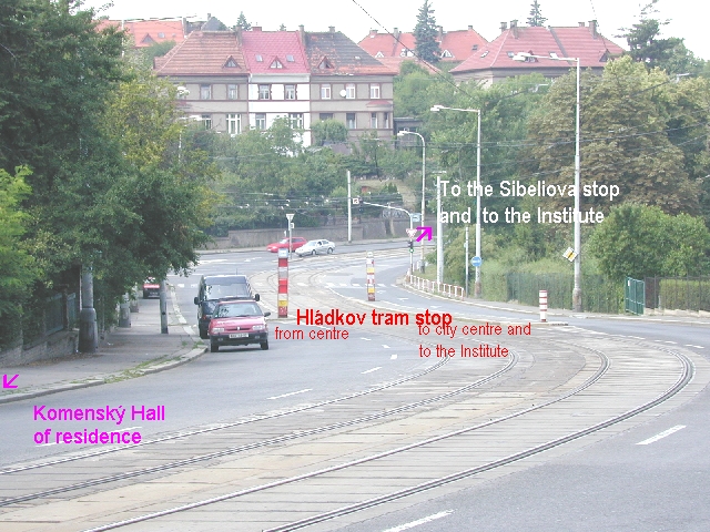 Hládkov tram stops from Komenský Hall of residence