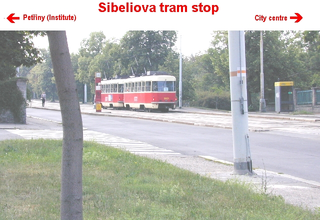 Sibeliova tram stop, view from crossing Stře?ovická/Sibeliova