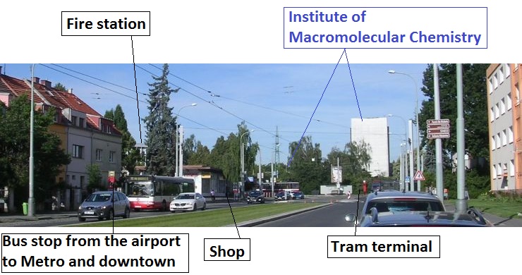 Commented photo of Institute and bus stop from airport to Metro